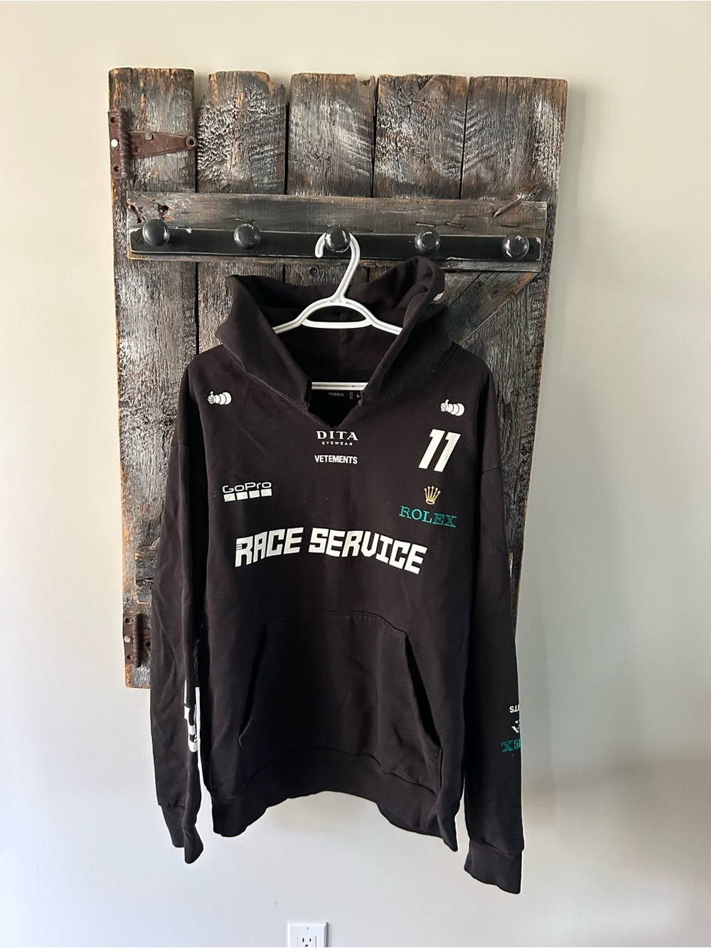 Men's Hubble Vetements Black Race Service Hoodie with White Logos